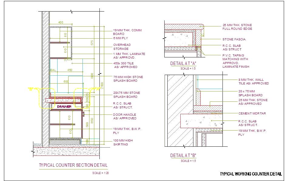 Stone Countertop Construction DWG- R.C.C. Slab, Backsplash & Skirting